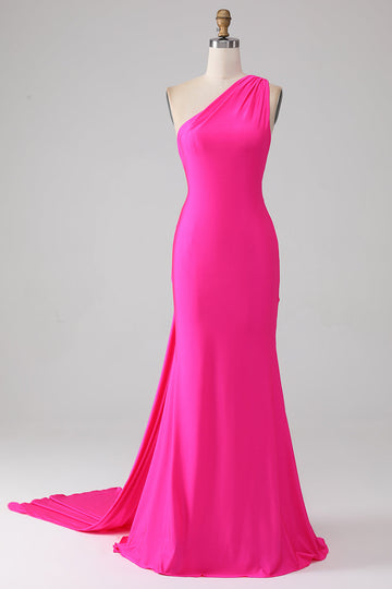 Vestido de fiesta largo de un hombro rosa intenso de sirena